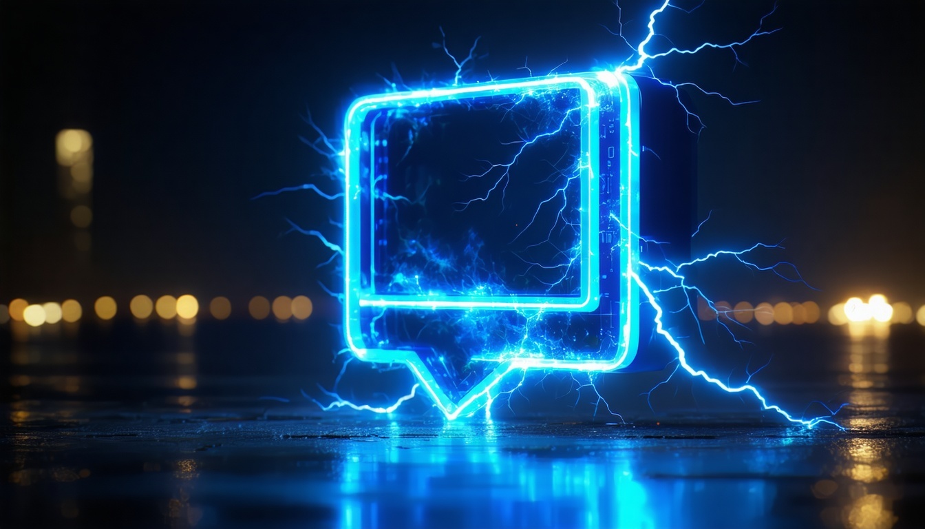 A glowing digital content icon outlined in electric blue light surrounded by sparks and lightning Set in a cinematic hightech dark environment with reflective surfaces and subtle digital patterns Futuristic and electric atmosphere emphasizing innovat-1