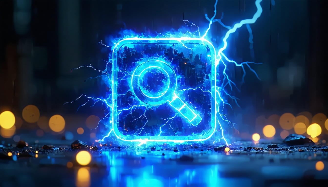 A glowing digital search iconoutlined in electric blue light surrounded by sparks and lightning Set in a cinematic hightech dark environment with reflective surfaces and subtle digital patterns Futuristic and electric atmosphere emphasizing innovatio-1