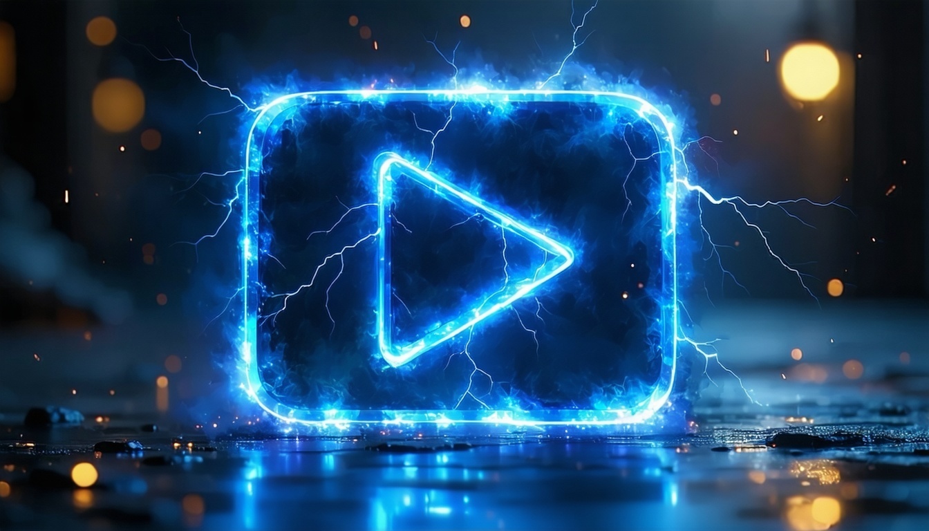 A glowing digital share icon outlined in electric blue light surrounded by sparks and lightning Set in a cinematic hightech dark environment with reflective surfaces and subtle digital patterns Futuristic and electric atmosphere emphasizing innovatio