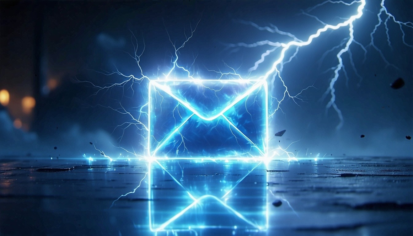 Create a futuristic scene of a glowing letter envelope floating in a vast digital space
