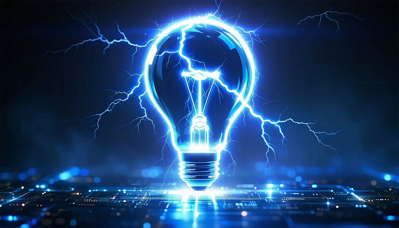 Create a futuristic scene of a glowing light bulb icon floating in a vast digital space