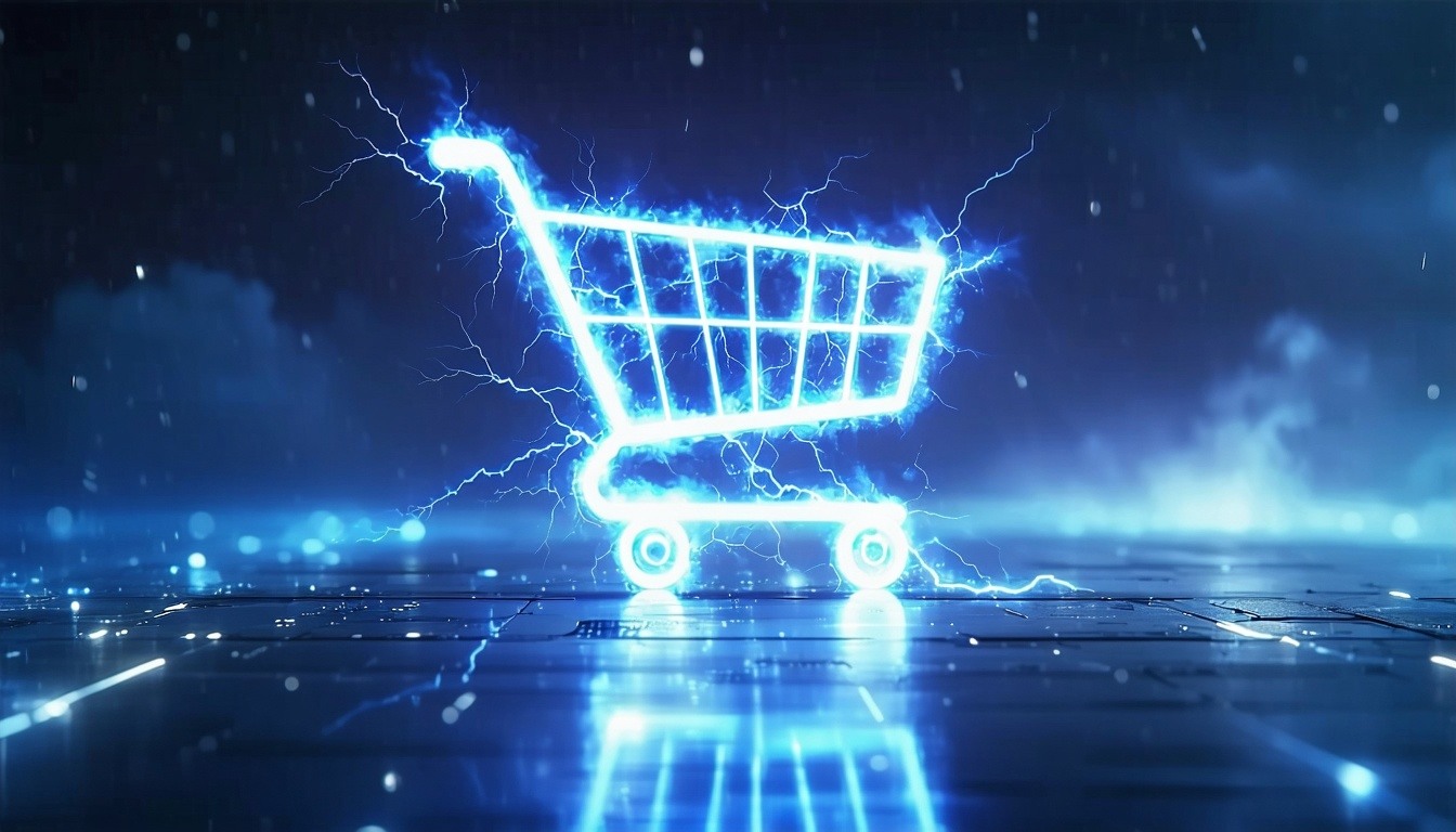 Create a futuristic scene of a glowing shopping cart icon floating in a vast digital space